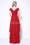 Burgundy Cap Sleeves Appliques Ruffled Prom Bridesmaid Dress