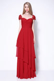 Burgundy Cap Sleeves Appliques Ruffled Prom Bridesmaid Dress