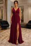 Burgundy Deep V-Neck Slit High Slit Prom Dress - front
