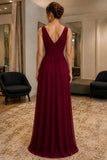 Burgundy Deep V-Neck Slit High Slit Prom Dress - back