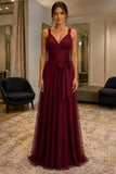 Burgundy Lace-Bodice Chiffon Prom Bridesmaid Dress - front
