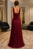 Burgundy Lace-Bodice Chiffon Prom Bridesmaid Dress - back