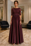 Burgundy Half-Sleeve A-line Satin Prom Dress - front