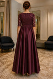 Burgundy Half-Sleeve A-line Satin Prom Dress - back