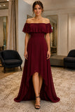 Burgundy Off-Shoulder High-Low Plus Size Prom Dress - front