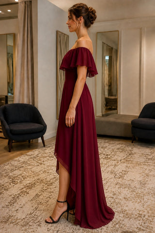 Burgundy Off-Shoulder High-Low Plus Size Prom Dress - side