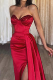 Dark Red Strapless High Slit Sweetheart Evening Dress