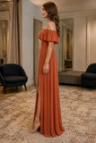 Burnt Orange Off-Shoulder Ruffle Thigh-high Slit Prom Dress - side