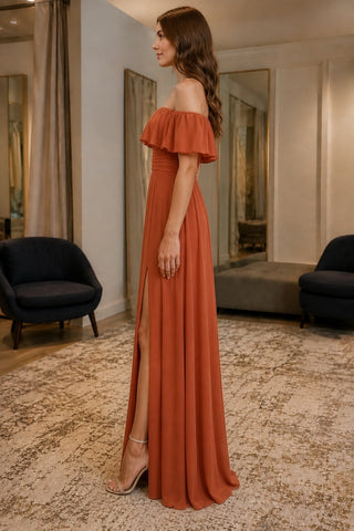 Burnt Orange Off-Shoulder Ruffle Thigh-high Slit Prom Dress - side