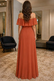 Burnt Orange Off-Shoulder Ruffle Thigh-high Slit Prom Dress - back
