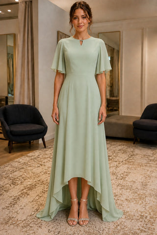Sage Flutter-Sleeve High-Low Chiffon Prom Bridesmaid Dress - front
