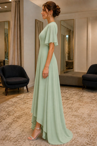 Sage Flutter-Sleeve High-Low Chiffon Prom Bridesmaid Dress - side