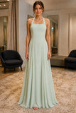 Mint Tie-Back Halter Chiffon Prom Bridesmaid Dress - front