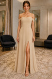 Dark Champagne Off-Shoulder Thigh-high Slit Prom Dress - front
