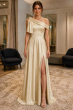 Champagne One-Shoulder Bow Satin Prom Bridesmaid Dress - front