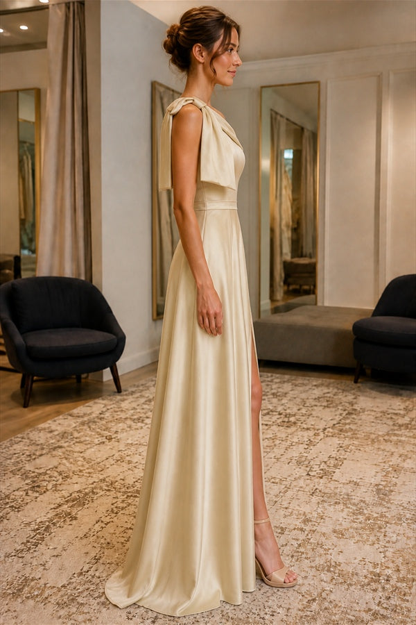 Champagne One-Shoulder Bow Satin Prom Bridesmaid Dress - side