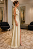Champagne One-Shoulder Bow Satin Prom Bridesmaid Dress - side