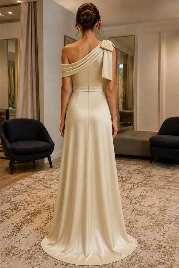 Champagne One-Shoulder Bow Satin Prom Bridesmaid Dress - back