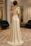 Champagne One-Shoulder Bow Satin Prom Bridesmaid Dress - back