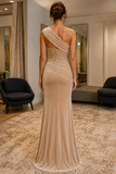 Champagne One-Shoulder Sequined Ruched Floor-Length Evening Dress - view 3