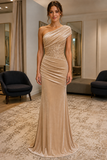 Champagne One-Shoulder Sequined Ruched Floor-Length Evening Dress - view 1