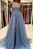 Chic Blue Applique See-through Prom Dress Formal Gown