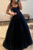 Chic Dark Navy A-line Spaghetti Straps Prom Gown Formal Dress