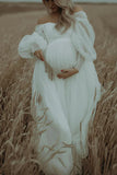 Ivory Off Shoulders Pleated Tulle Maternity Photoshoot Dress