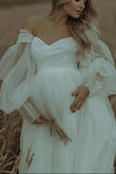 Ivory Off Shoulders Pleated Tulle Maternity Photoshoot Dress