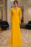 Yellow Cape-Sleeve V-Neck Chiffon Prom Formal Dress - front