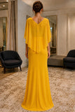 Yellow Cape-Sleeve V-Neck Chiffon Prom Formal Dress - back