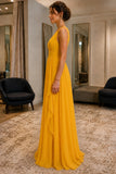 Yellow Deep V-Neck Ruffle Chiffon Prom Bridesmaid Dress - side
