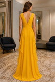 Yellow Deep V-Neck Ruffle Chiffon Prom Bridesmaid Dress - back