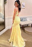 Sexy Backless Daffodil High Slit Lace Evening Dress