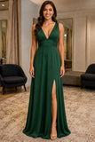 Hunter Green Deep V-Neck Slit Prom Bridesmaid Dress - front