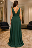 Hunter Green Deep V-Neck Slit Prom Bridesmaid Dress - back