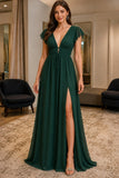 Dark Green Flutter-Sleeve Slit Prom Formal Dress - front