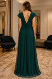 Dark Green Flutter-Sleeve Slit Prom Formal Dress - back