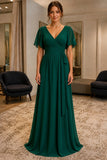 Dark Green Flutter-Sleeve V-Neck Chiffon Prom Bridesmaid Dress - front
