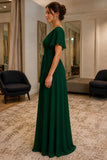 Dark Green Flutter-Sleeve V-Neck Chiffon Prom Bridesmaid Dress - side