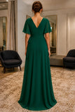 Dark Green Flutter-Sleeve V-Neck Chiffon Prom Bridesmaid Dress - back