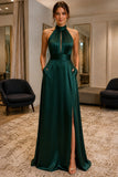 Dark Green High-Neck Slit Halter Pockets Prom Dress - front