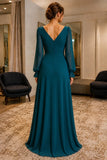 Ink Blue Long-Sleeve Thigh-high Slit Prom Formal Dress - back