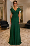 Dark Green Ruffle-Sleeve Chiffon Prom Bridesmaid Dress - front