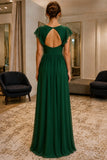 Dark Green Ruffle-Sleeve Chiffon Prom Bridesmaid Dress - back