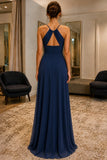 Dark Navy Cowl-Neck Ruffle Chiffon Prom Bridesmaid Dress - back