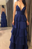 Dark Navy Deep V-neck Ruffled Evening Dress