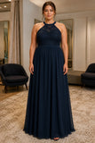 Dark Navy Lace Sleeveless Chiffon Plus Size Prom Dress - front