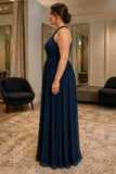 Dark Navy Lace Sleeveless Chiffon Plus Size Prom Dress - side