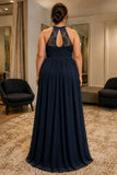 Dark Navy Lace Sleeveless Chiffon Plus Size Prom Dress - back